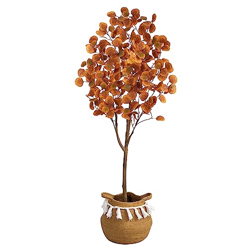 Nearly Natural 5ft. Artificial Autumn Eucalyptus Tree with Handmade Jute & Cotton Basket with Tassels