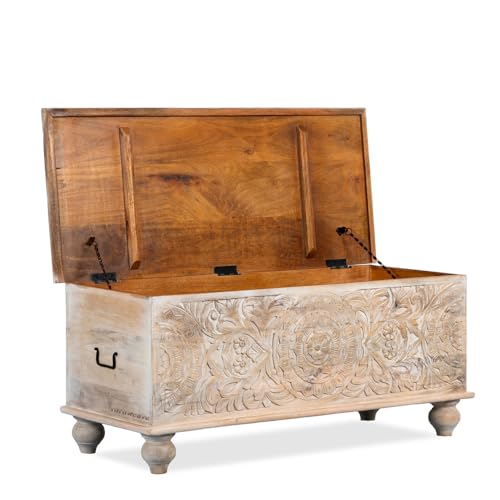 Image of Natura Solid Wood Coffee Table for Living Room Wooden Trunk Box for Storage | Handcrafted Center Table for Living Room with Sandook Storage | Pitara for Home and Bedroom (Brown Distress)