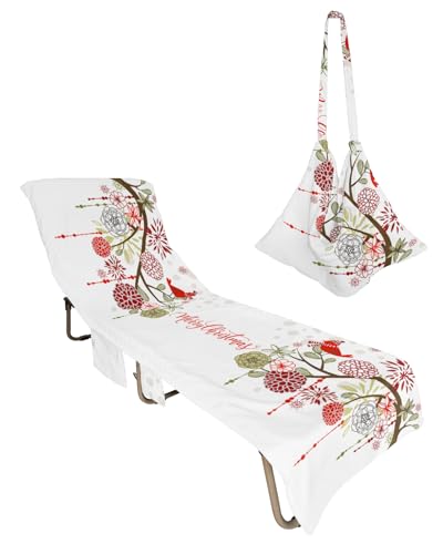 Merry Christmas Beach Lounge Chair Towel Cover, Soft Chaise Lounge Towel with Side Pockets Patio Pool Chairs Cover for Beach/Pool Sunbathing 29x85 Xmas Tree Botanical Floral Birds
