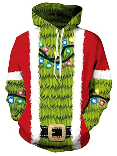 Freshhoodies Sweats à Capuche Noël Hommes 3D Pull Drôle Arbre de Noël Imprimer Cool Femmes Sweatshirt Adolescents Garçons Fête Cadeau Vêtements, XL