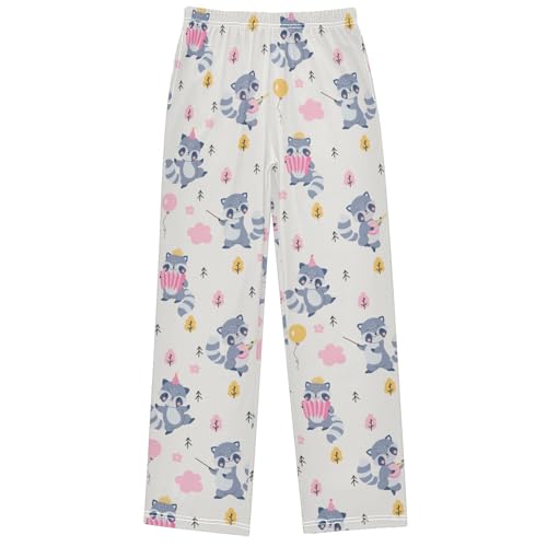 Boy's Pj Pants Kawaii Raccoon Pink Violin Lounge Bottoms Elastic Waist Kids Joggers with Pockets Size 6-14