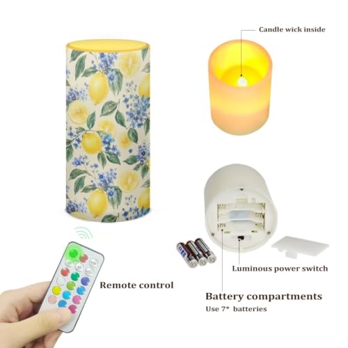 Image of Poceacles Flameless Candle Electric LED Lights with Timer Remote Color Lights, 3 AAA Batteries Operated (Not Include) Tealight for Home Indoor Decor, Lemon Blue Flower