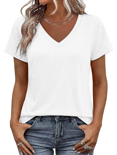 KISSMODA Women Tops Casual Short Sleeve V Neck Curved Hem Cotton Tee Shirts Tshirts 2026 White L