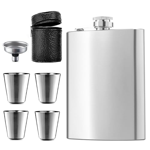 Flachmann 8Oz Edelstahl Flachmann Flachmann Edelstahl mit Trichter und 4 kleine Tassen Geeignet zum Tragen von Alkohol Taschen-Flachmann für Wandern und Party Silberfarben