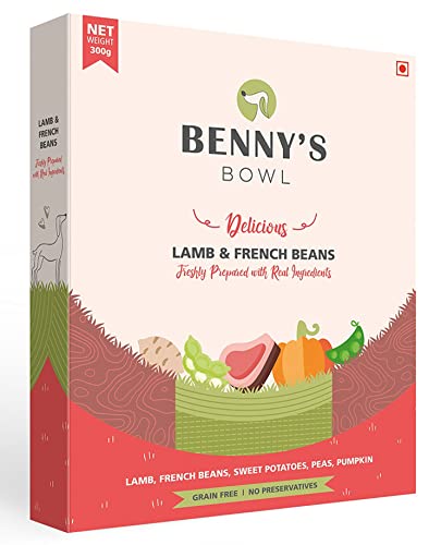 Benny’s Bowl Fresh and Wet Dog Food Lamb and French Beans Recipe High Protein Balanced Daily Nutrition Wet Food for All Breed and Life Stages Grain Free (300 gm Single Pack)