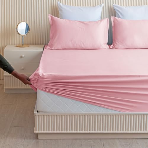 Image of HOMEMONDE Elasticated Fitted Single Size 72 x 48 Inches Bedsheet 210 Thread Count Decorative Premium Cotton Soft Fitted Bedspread - with 1 Pillow Cover, Pink | Perfect for Home Decor & Gifting