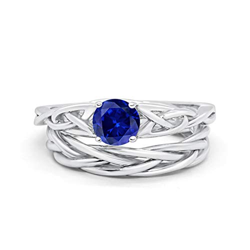 Round Simulated Blue Sapphire Cubic Zirconia Celtic Trinity Wedding Engagement Band Ring Braided Two Piece Bridal Set Size-8