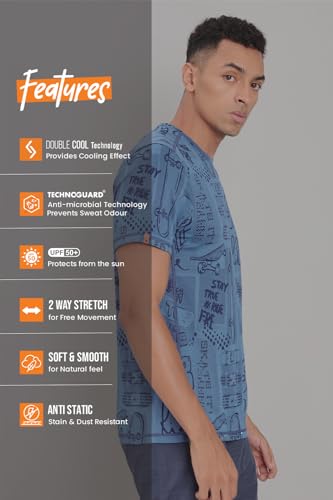 Image of TECHNOSPORT Men Polyester Regular Fit Half Sleeve Jacquard T-Shirt with Double Cool, Quick Dry & Anti Microbial for Sports, Running & Casual Use