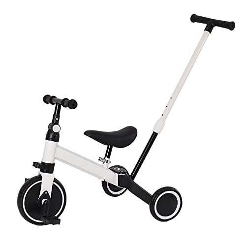Triciclo Bambini, Triciclo Bimba e Bimbo con Maniglione ad Altezza Regolabile, Max 25 kg, Giochi per Bambini 18 Mesi, 2-5 Anni, Ruote Silenziose, Asta di Spinta-3 in 1 (bianco)