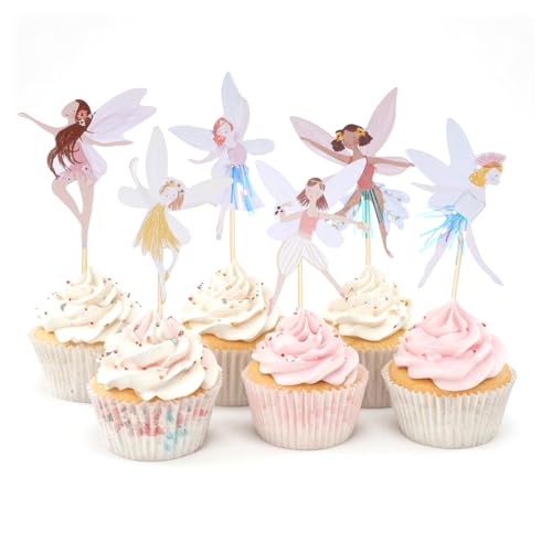 LIQWEI 24 adornos para cupcakes de hadas, decoración de fiesta de hadas de feliz cumpleaños, alas de ángel, flores, decoración de pastel de hadas para bailarina de ballet, decoración de pastel para