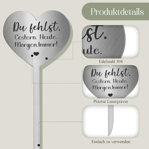 Photect Grabschmuck Wetterfest Grabstecker Metall Herz mit Spruch Du Fehlst. Gestern. Heute. Morgen. Immer! Urnengrab Deko Weihnachten Grabdekoration Wetterfest Herz zum Erinnerung Andenken Trauer