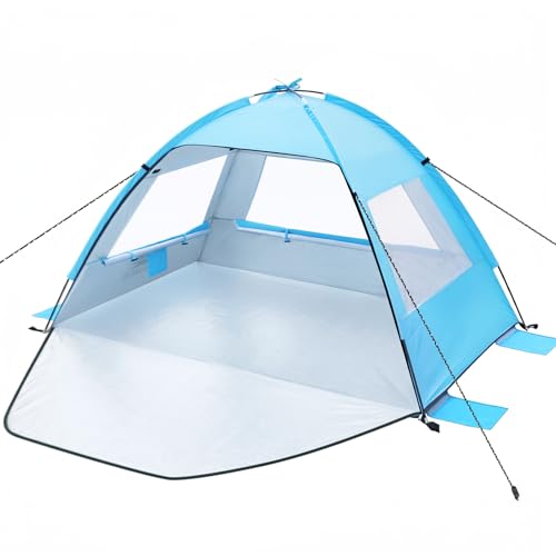 Strandmuschel für 1-3 Personen Strandzelt mit UV-Schutz 50+ Windschutz Stabiles Sonnenschutz Strand Zelt Beach Tent with Carry Bag mit kleines Packmaß für Baby Kinder Familie Camping Garten Strand