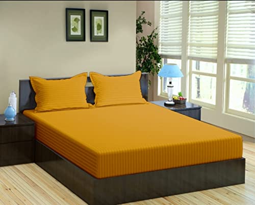 Image of Trance Home Linen 200 TC Pure 100% Cotton Bedsheet Set of 4pcs-(1 King Size Fitted Sheet + 1 King Size Flat Sheet and 2 Pillow Covers,Mustard Yellow)