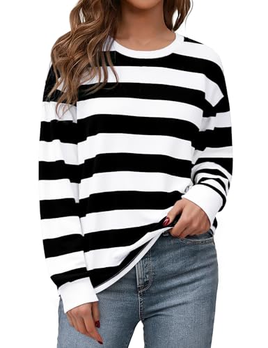 Aottori Sudadera Mujer A Rayas Algodón Camiseta Manga Larga con Cuello Redondo Tops Oversize Casual Básica Sweatshirts sin Capucha Otoño Invierno Negro XL