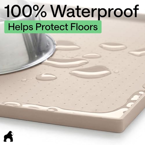 Image of GORILLA GRIP 100% Waterproof Raised Edge BPA Free Silicone Pet Feeding Mat, Dog Cat Food Mats Contain Spills Protects Floors, Placemats for Cats and Dogs Water Bowl, Pets Accessories 32x24 Cream