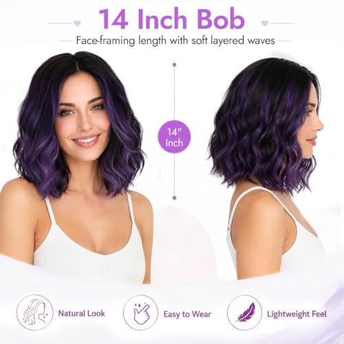 Image of Eawwii Wigs for Women Black Mix Purple,Short Wavy Synthetic Lace Wig