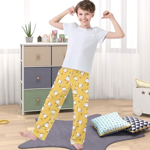Boy's Pj Pants Cartoon White Duck Grass Yellow Lounge Bottoms Elastic Waist Kids Joggers with Pockets Size 6-144