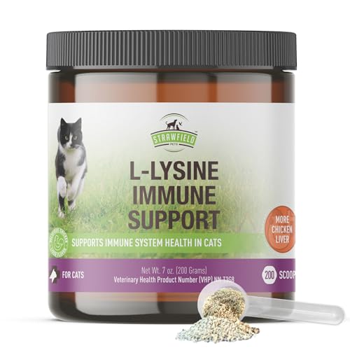 Strawfield Pets L-Lysine Immune Support Granules for Cats & Kittens - Immune Health Supplement Cat Cold Relief, Sneezing, Congestion, Running Nose, Watery Eyes Chicken Liver Flavor 200 Scoops Per Jar