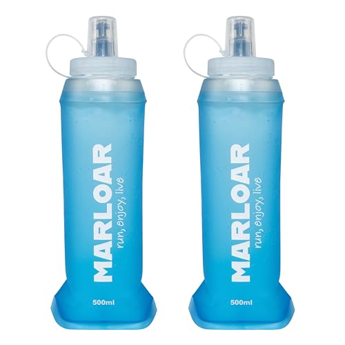 MARLOAR Soft Flask - Botella Plegable - Botella Plegable Silicona - pack de 2 unidades de Soft Flask 500ml para running, trail running, ciclismo y senderismo. BPA free. (AZUL, Boca ancha (500ML))