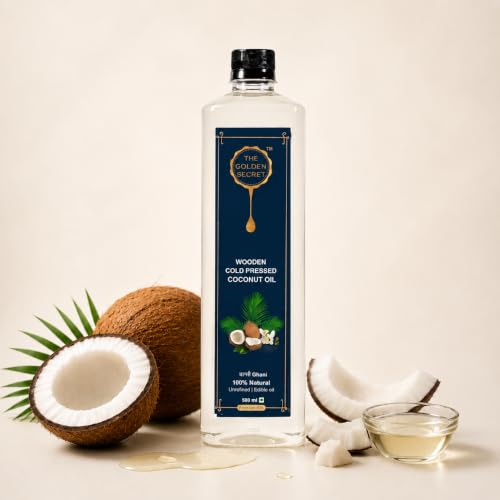 Image of The Golden Secret Kacchi Ghani Wooden Cold Pressed Coconut Oil 500 Ml | Pure Coconut Oil | Cold Pressed Oil | Edible Grade | Rich in Natural MCTs & Lauric Acid | For Hair Care, Skin Care, Body Massage, Oil Pulling & Cooking | Sulphur free |