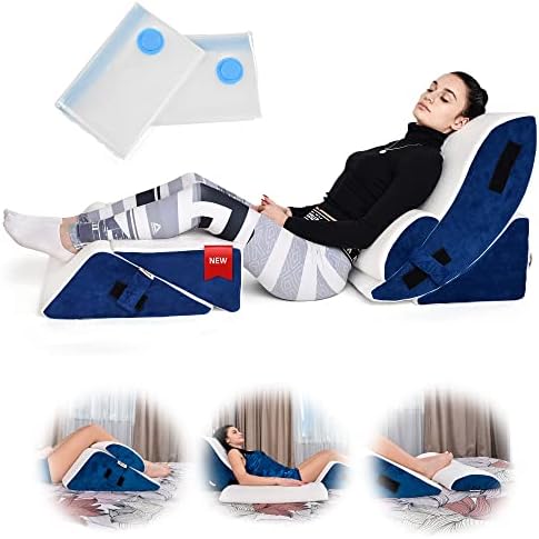 Orthopedic Bed Wedge Pillow Set – 5 Pieces Wedge Pillow Set – Adjustable & Comfortable – Post Surgery Memory Foam for Back, Neck and Leg Pain Relief – Hypoallergenic – Includes 2 Vacuum Bags - Navy