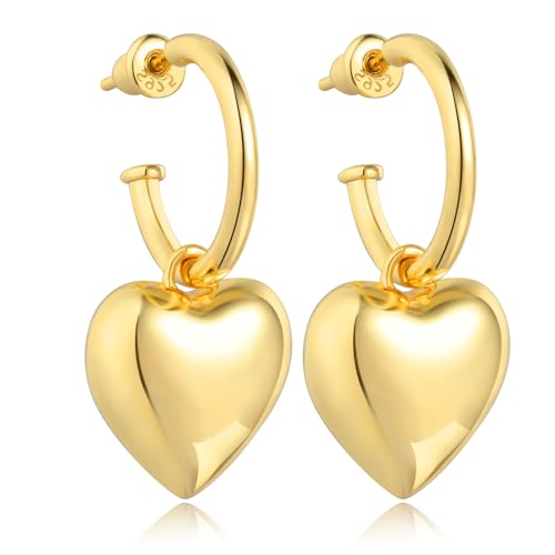 Puffy Gold Heart Earrings for Women 18K Gold Plated 925 Sterling Silver Pearl Hoop Earrings Dangle Hypoallergenic Heart Drop Earrings Jewelry Birthday Gifts for Lover