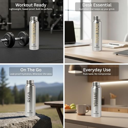 Image of Speedex Customised Engraved Name Stainless Steel Water Bottle 1 Ltr - Personalised Screw Cap Bottle for Kids, Men & Women, School, Office, Gym, Silver, Set of 1