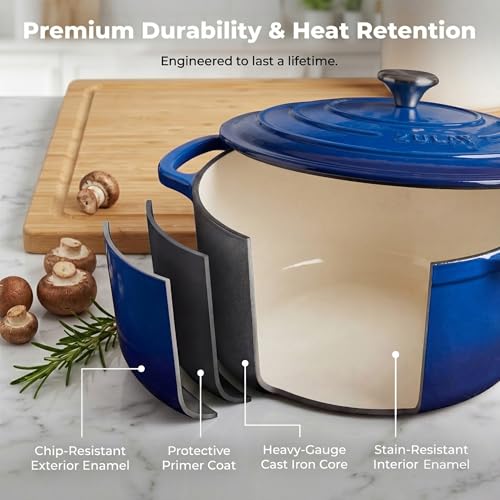 Zulay Kitchen 7.7 Quart Enameled Cast Iron Dutch Oven Pot with Lid – Premium Durability & Oven Safe up to 500°F – Heavy Duty Cookware Perfect for Bread Baking, Stews, Braising & Roasting – Blue by Zulay Kitchen - Image 5