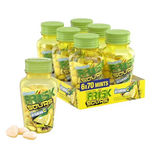 Frisk Sour Lemon, Caramelle Dure, Gusto Limone, senza Zucchero, Confezione da 6 Barattoli con 70 Microcompresse, adatto Fuori Casa o a Lavoro, da Portare Sempre con Te