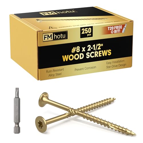 Image of #8 x 2-1 /2 inch Deck Screws, 250Pcs Star Drive Wood Screws, Rust Resistant Timber Screws for Timber /Log /Landscaping Wood, T20 Star Bit Included, Gold