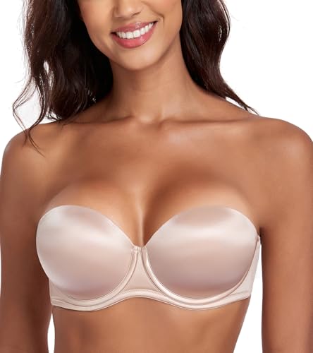 Lemorosy Women's Push Up Strapless Bra Thick Padded Underwire Multiway Convertible Add a Cup(Beige,32C)