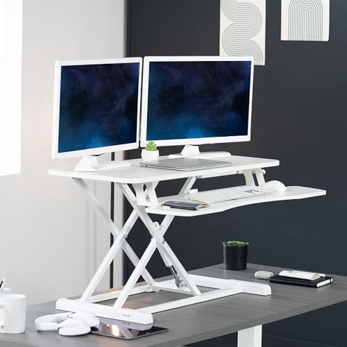 Image of VIVO 36 inch Desk Converter, K Series, Height Adjustable Sit to Stand Riser, Dual Monitor and Laptop Workstation with Wide Keyboard Tray, White, DESK-V036KW