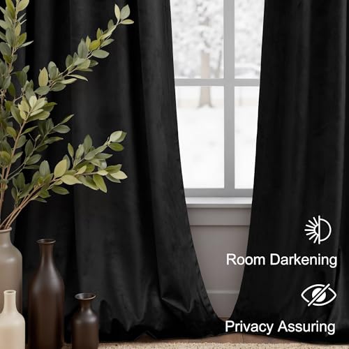 Image of Black Velvet Curtains for Living Room 84 Inch Length 2 Panel Back Tab Pocket Thick Luxury Living Room Darkening Light Blocking Thermal Insulated Black Out Long Drape for Bedroom Halloween Gothic Decor