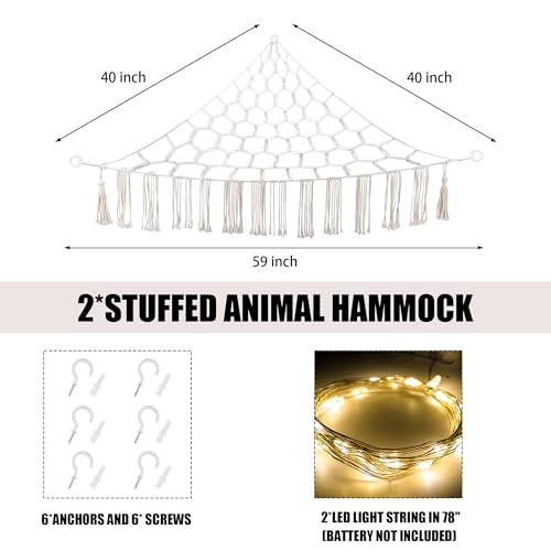 Image of CERETIA Stuffed Animal Hammock with LED Light, Large Stuffed Animals Storage Corner Plushie Net for Kids Room Decor, 2 Packs White