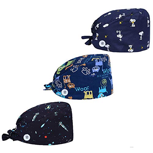 YTI Gourd-Shaped Working Caps with Buttons Upgrade Sweatband Adjustable Bouffant Hats Headwear for Women Men One Size (3pcs)