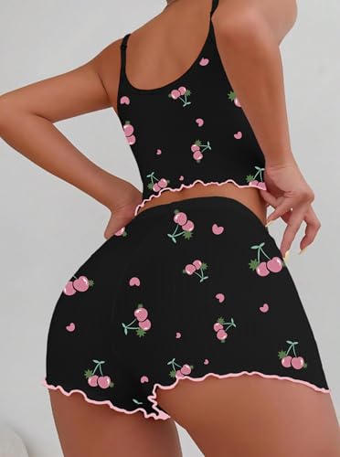 Image of Hilinker Womens Graphic Print Ribbed PJ Set Crop Cami Tops and Shorts Cute Pajamas Set