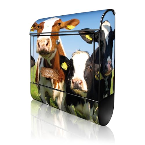 banjado Design Briefkasten personalisiert 38,5x46,5x13cm & 2 Schlüssel - Briefkasten Stahl Schwarz Zeitungsfach pulverbeschichtet - Postkasten A4 Einwurf inkl. Montagematerial - Motiv Kühe
