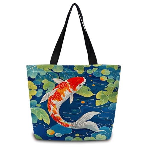 ZhuVantrix Koi Fish Tote Bag Reusable Grocery Bags Aesthetic Shopping Shoulder Handbag with Interior Pocket Lightweight & Washable Stylish Koi Fish Present for Women-2