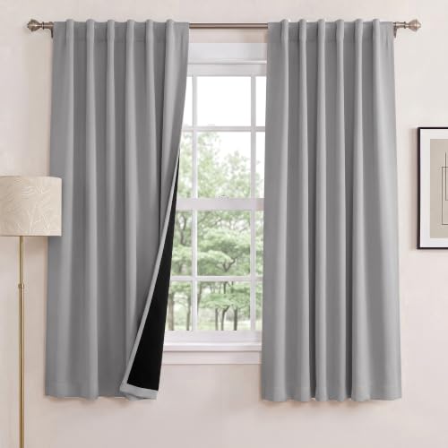 NICETOWN 100% Blackout Curtains with Black Liners, Rod Pocket & Back Tab Thermal Insulated 2-Layer Lined Drapes, Energy Efficiency Window Draperies for Bedroom (Silver Grey, 2 Panels, 52" W by 63" L)