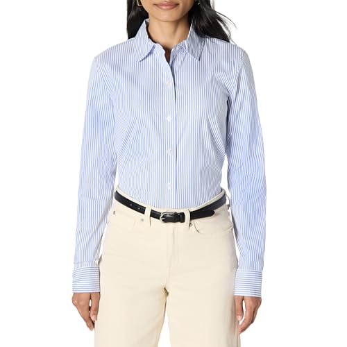 Amazon Essentials Camisa de Vestir Ajustada con Botones de Popelina Elástica Mujer, Blanco Azul Mini Rayas, L