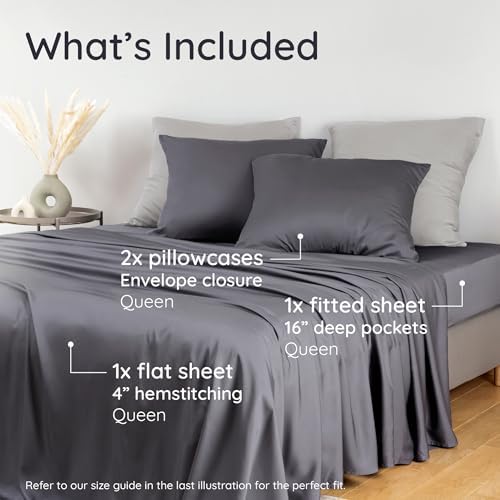 Bambaw 100% Viscose Derived from Bamboo Sheets Queen Size Set – 4pcs Cooling Sheet Set, Super Soft Sheets Queen Size, Luxury Bed Sheets, Deep Pocket Fits Up to 16'' Mattresses (Charcoal) - Thumbnail 2