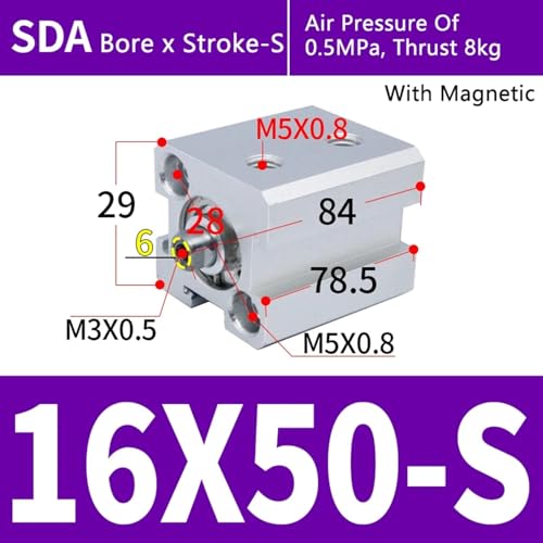 Vérin pneumatique compact SDA16X50-S actionneur linéaire industriel pas de vis M5 - 2