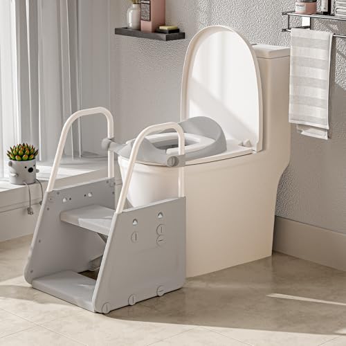 3 in 1 Potty Training Toilet Seat & Toddler Step Stool with Potty Train Chair Adapter and Extra Wide Non-Slip Ladder Potty Seats with Raised Guardrail...
