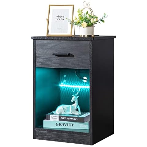 Galunt Nightstand with Wireless Charging Station and Led Lights, Bedroom Nightstand with Led Light, Sofa End Table with Charging Station, Bedside Table with Open Shelf (Black,1 Drawer) Cover