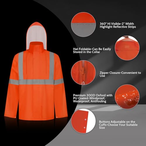 Image of TCCFCCT High Vis Rain Jacket and Pants Rain Suits for Men Waterproof, Hi Vis Rain Coat for Men Women with Hood, High Visibility Rain Gear Reflective for Safety Work & Outdoor Activities, S-M Orange WP