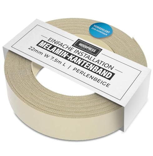 WoodPress® 22mm Perlbeige Melamin Kantenumleimer mit Schmelzkleber – 7,5m Rolle – Einfaches Aufbügeln für Heimwerker
