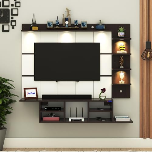 Image of Anikaa Charley Engineered Wood Wall Mount Striped PVC Back Panel TV Unit with Spot LED Lights | TV Cabinet with Open Storage Box (Wenge) | Ideal for UP to 43 Inch TVs - DIY Installation