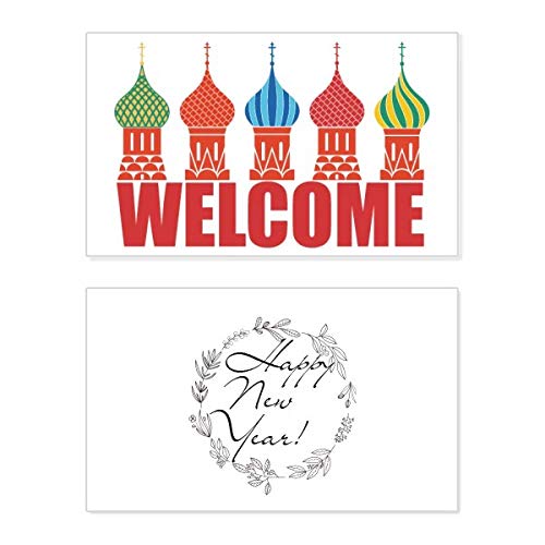 Tarjeta de felicitación de Año Nuevo con motivo de Catedral de Rusia y nota conmemorativa
