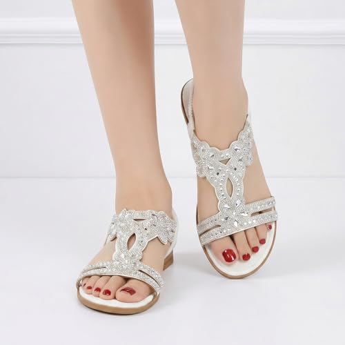 Image of iCKER Womens Rhinestone Strappy Flat Sandals Elastic Ankle Strap Open‑Toe | Sparkling,for wedding,party,evening dates,special occasion,Vacation,Formal