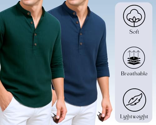 Image of DEEMOON Combo of Men's Cotton Blend Solid Regular Fit Full Sleeve Short Kurta | Men's Trendy Short Kurta Pack of 2 (Available in Plus Size & Combo Packs)